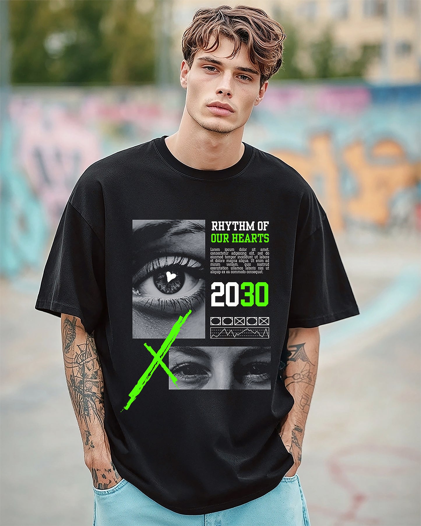 Rhythm of Our Hearts Oversized T-Shirt – Futuristic Vision Streetwear - The Baggy Vibe